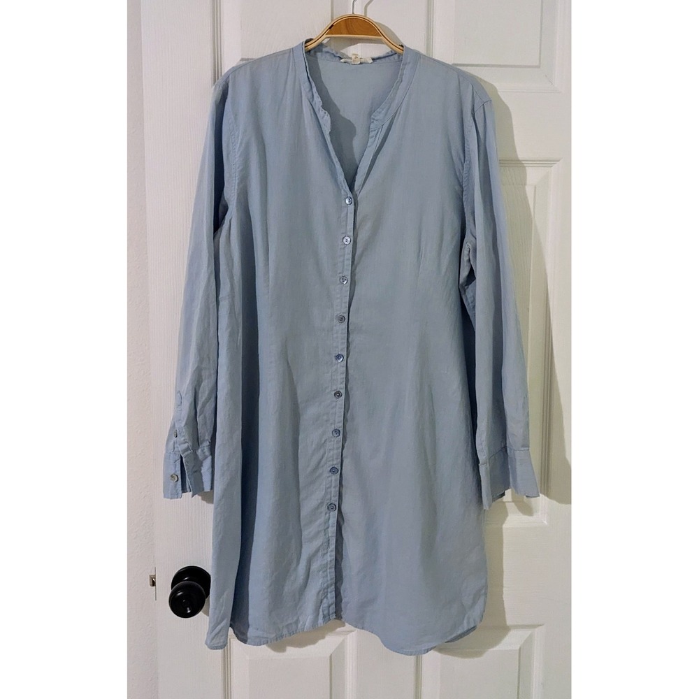 Eileen Fisher Soft Woven Organic Cotton Shirt Dress Light Blue Button Down L‎